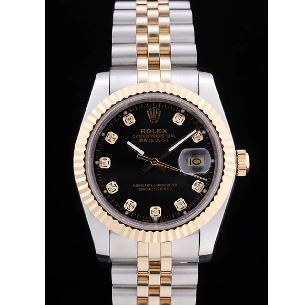 Aaa replica watch Dial Diamonds Bezel Ribbed Datejust 7453 Rolex Black 0708